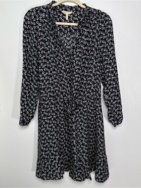 Rebecca Taylor 100% Silk Floral Black White Dress Size 8 Tie Waist Flounce Hem